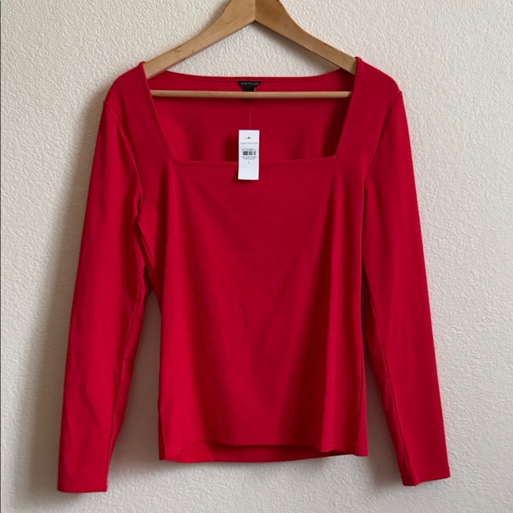 Ann Taylor Red Square Neck Long Sleeve Top NWT Elegant Fitted Size L